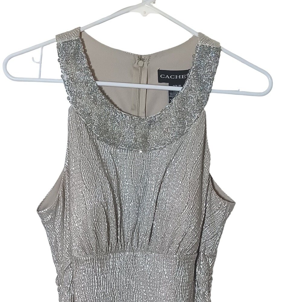 Cachet Silver Metallic Crinkle Beaded Neck Ruched Formal Gown Dress Size 10
